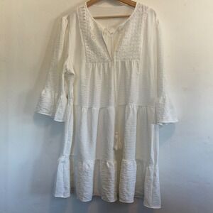 White Embroidered Tunic Dress Tiered Tassels Cover-up XL Bohemian Boho Resort